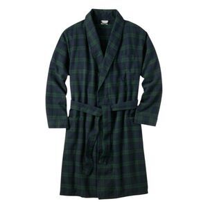 L.L. Bean Scotch Plaid Flannel Robe Green Navy Blue